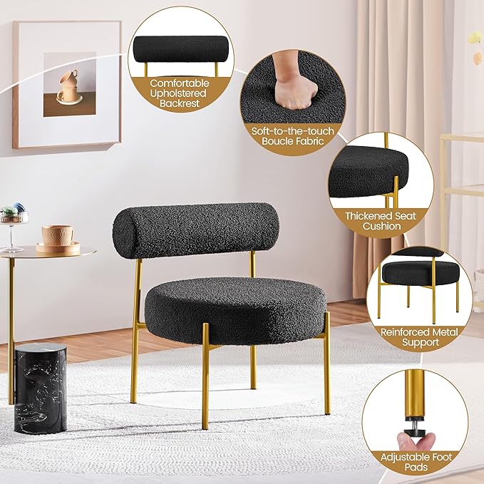 Yaheetech Boucle Vanity Chair Modern Tufted Accent Chair Cozy Sherpa Barrel Chair with Gold Legs Club Chair for Living Room Bedroom Makeup Room Home Office Black 2pcs