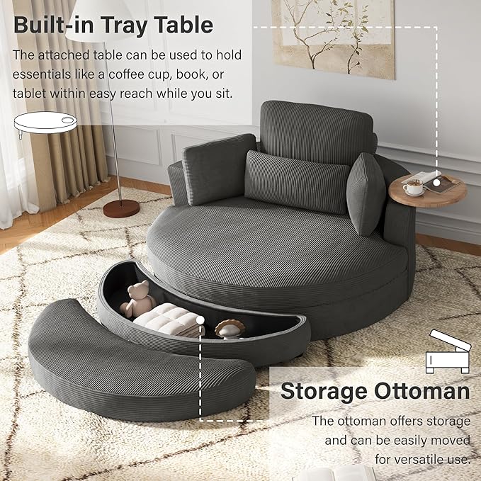 DEINPPA 51'' Accent Swivel Barrel Chair with Storage Ottoman Modern Oversized Round Leisure Sofa Chaise with Tray Pillows Corduroy Upholstered Lounge Chair for Bedroom Living Room Hotel Club Gray
