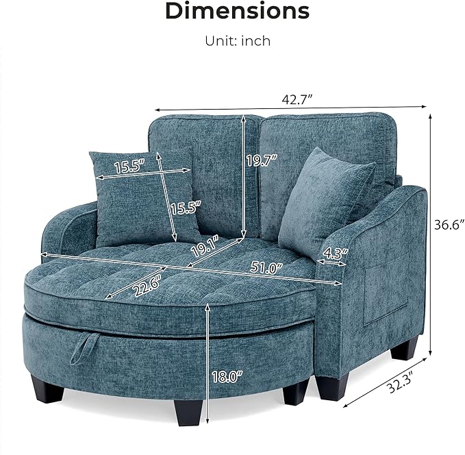 DEINPPA Oversized Accent Sofa Chair with Storage Ottoman Chenille Upholstered Comfy Chair with Throw Pillows for Living Room Reading Room Bedroom-Blue