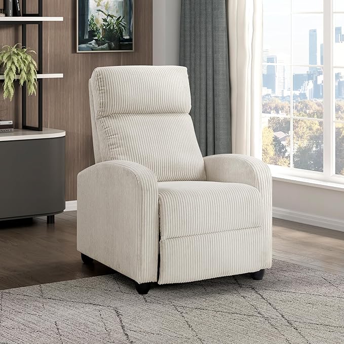 Lexicon Corduroy Pushback Recliner Chair Armchair Push Back Recliner Solid Wood Frame and Metal Base Easy Assembly Small Soft Single Sofa Accent Chair for Living Room/Office/Apartment Beige