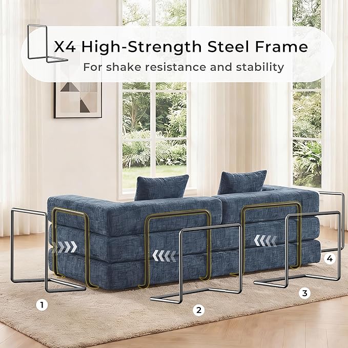 WELAX 77 Convertible Sleeper Sofa Bed Boneless Cloud Queen Futon Couches with 2 Pillows &amp Removable Armrests Chenille Folding Floor Couch No Assembly for Bedroom Living Room Blue
