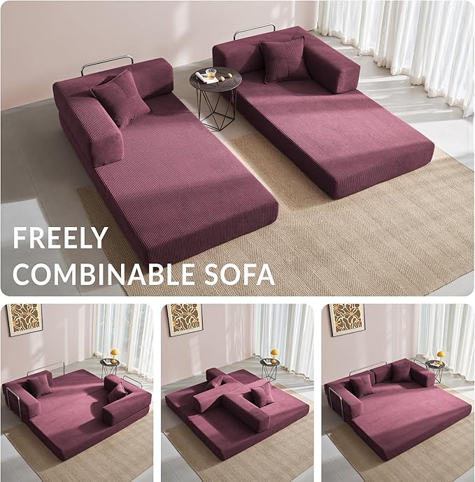 Compression Sofa - 78''Convertible Floor Sofa Bed - with Pillow Back Support Armrest - Comfy Foldable Sofa Bed Compressed Sofa in Box - Corduroy Fabric - for Living Room Bedroom - Burgundy