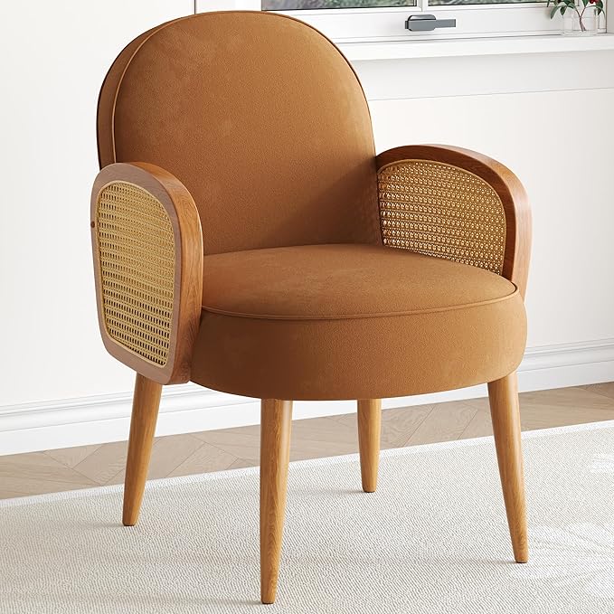 Mid Century Accent Chair with Rattan Armrests Wooden Legs for Living Room Reading Bedroom Balcony Brown