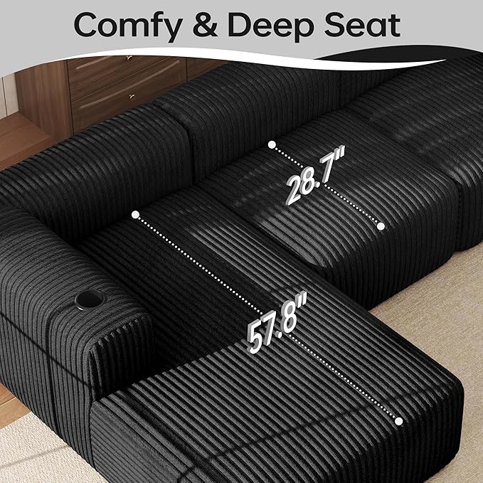 DURASPACE 108 Sectional Couch L Shaped Sofa Boneless Foam Cloud Couches with Chaise Fluffy Plush Corduroy Modular Couches for Living Room (Black Left Facing Chaise)