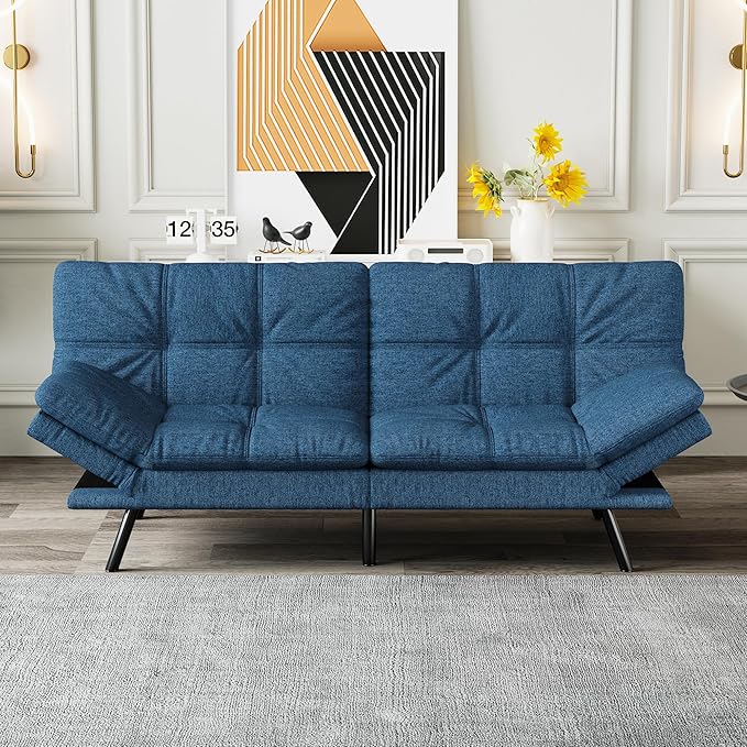 Futon Sofa Bed Convertible Couch Blue Linen Sofa Bed with Memory Foam Adjustable Backrest &amp Armrests Multifunctional Small Loveseat Sleeper Sofa for Living Room Apartment Office