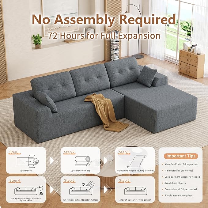 Ball &amp Cast 106 Modular Sectional SofaCloud Chenille Couch with Deep SeatBoneless L-Shaped SectionalModern Comfort Upholstered Sofa for Living RoomNo Assembly Required (Gray Right Facing Cha