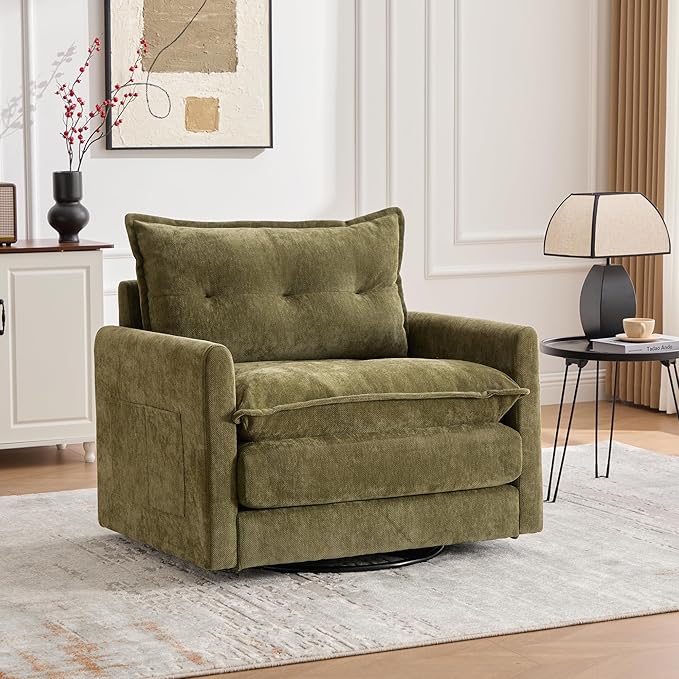 360° Swivel Accent Chair36.22” Swivel ArmchairSquare Accent Barrel Chair with Side Pockets - Upholstered Comfy Single Sofa Chair for Living Room Bedroom Reading Nook (Green)