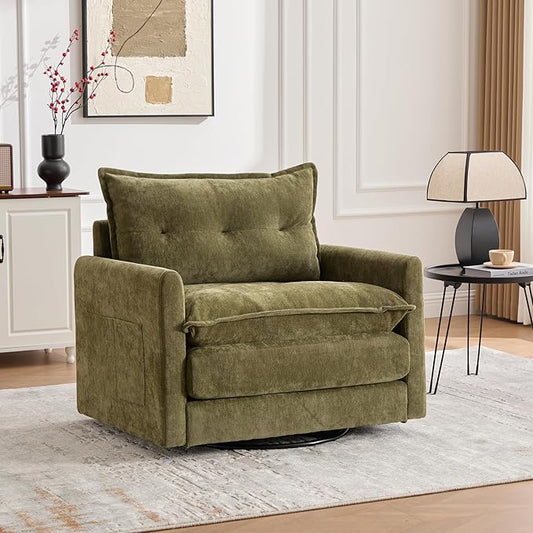 360° Swivel Accent Chair36.22” Swivel ArmchairSquare Accent Barrel Chair with Side Pockets - Upholstered Comfy Single Sofa Chair for Living Room Bedroom Reading Nook (Green)