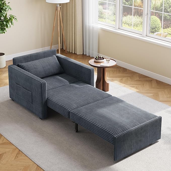 Ahomly 3 in 1 Pull Out Sleeper Chair 75.2 Long Convertible Sofa Bed for Adults Corduroy Armchair Chair Bed &amp Single Sleeper with Pillow for Dorm/Bedroom Dark Grey