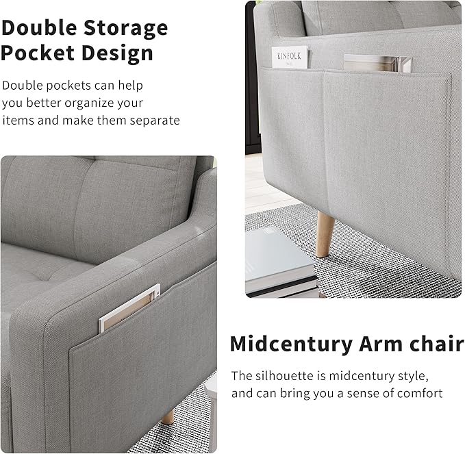 EJUNQ Mid Century Accent Chair Upholstered ArmchairComfy Reading Chair with Wood LegsModern Single Sofa Chair for Living Room Bedroom Small Spaces (1 Grey)