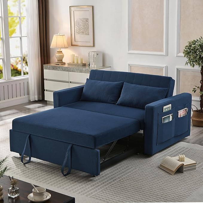55.5 Fabric Convertible Sofa Bed Pull Out Sleeper Sofa Bed Loveseat Couch with Side Pocket 3 in 1 Convertible Sleeper Sofa Bed for Living Room Apartment Bedroom RV Navy Blue