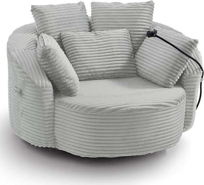 360° Swivel Accent Chair with 5 Throw Pillows Adjustable Phone Holder Corduroy Fabric Round Sofa Chair Barrel Chair with Semi-Wraparound Design for Living Room Office and Hotel (Light Gray1)