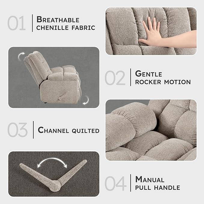Lexicon Chenille Rocker Reclining Chair for Adults Rocker Pull Handle Recliner Nursery Chair for Living Room/Bedroom High Back Pillow Top Arms High Density Foam Cushions Light Brown