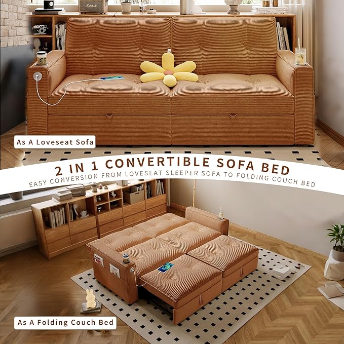 73.2 Pull Out Sofa Bed Corduroy ConvertibleSleeper Couch Loveseat Chaise Lounge with SidePockets &amp Cup Holder Pullout Futon Sofa Bed for LivingRoom Bedroom Small Spaces RV (Orange)