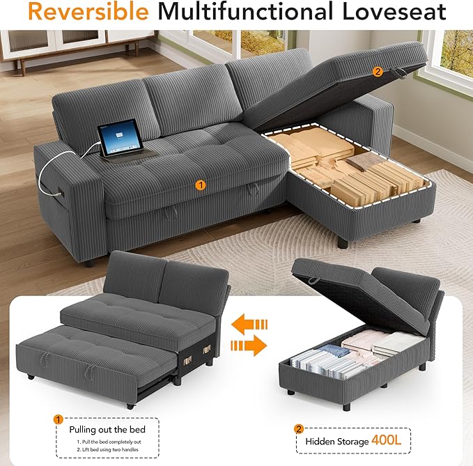 Vipbear Sectional Sleeper Couch with Pull Out Sofa Bed L Shaped Plush Corduroy Couch with Reclining Backrest &amp Storage &amp USB Charging Convertible Cloud Sectional Sofa Bed for Living Room Gr