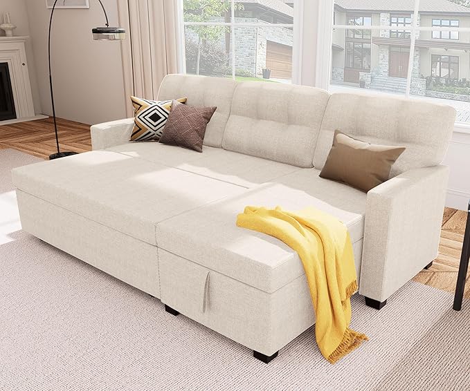 Wakefit Reversible Sectional Sofa Couch Sleeper Sofa Bed with Storage Chaise Pull Out Couch for Living Room | Hidden Stroge | Pull Out Bed | Removable Backrest | Linen Fabric Beige