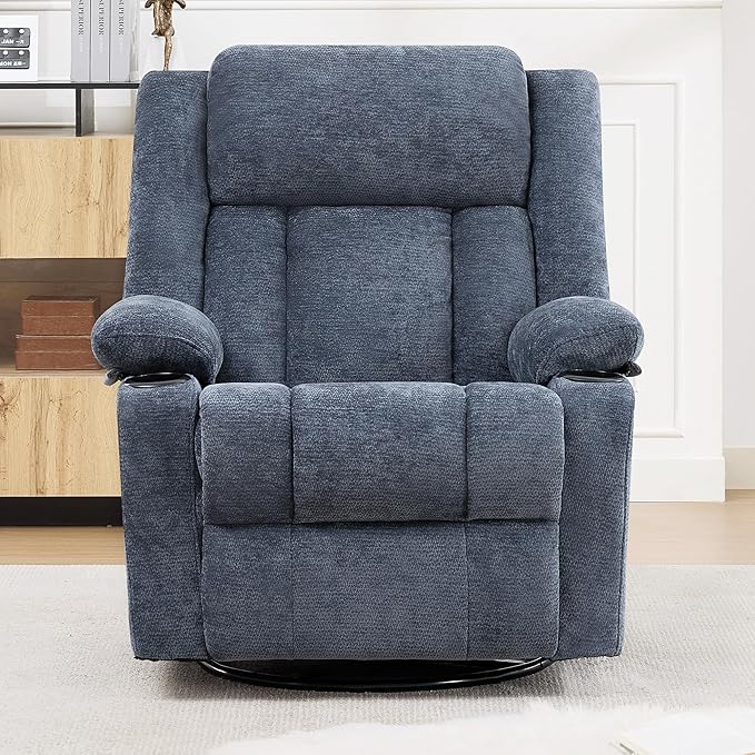 Swivel Rocker Recliner for Adults Manual Lazy Boy Recliner Chair with Cup Holders 360 Degree Rotating Nursery Rocking Chair Glider Recliner for Living Room (Blue)