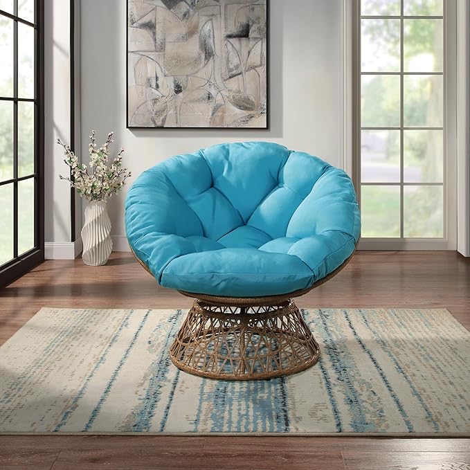 OSP Home Furnishings Wicker Papasan Chair with 360-Degree Swivel Natural Frame with Blue Cushion