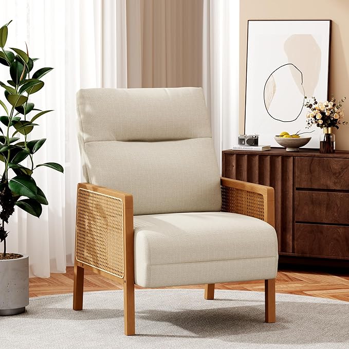 Mid Century Accent Chair Wooden Leisure Armchair with Rattan Armrest Boho Comfy Reading Chair for Living Room Bedroom Lounge Side Club ChairBeige