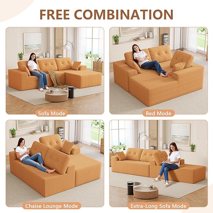 Ball &amp Cast 106 Cloud Modular Sectional Sofa Boneless Chenille Couch with Deep Seat Comfy L-Shaped Sectional Modern Upholstered Sofa for Living Room No Assembly (Orange Right Facing Chaise)