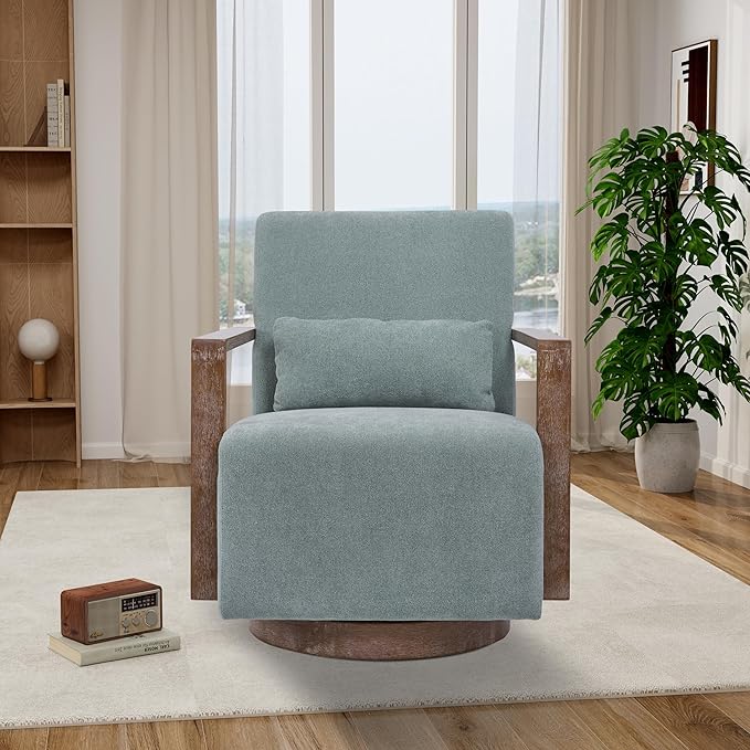 30.5 W Swivel Modern Fabric Upholstered Accent Chair with Solid Wood Armrests Comfy Lounge Reading Chair Side Armchair for Hotel Bedroom Living Room Office Nursery Room (Pale Green Linen)