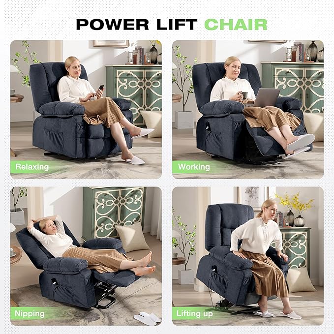 BOSMILLER Power Lift Recliner Chair with Massage and Heat for ElderlyElectric Lift Chair with USB Charging Runction and Side Pockets Suitable for Living Rooms and bedroomsBlue