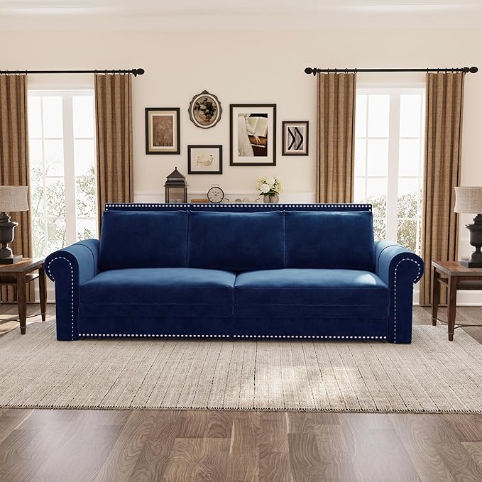 93.7 King Pull Out Sofa Bed Velvet Sleeper Sofa Couch 3 in 1 Convertible Futon Couches for Living Room Small Space Apartment Office Bedroom Modern Rivet Armrest Blue