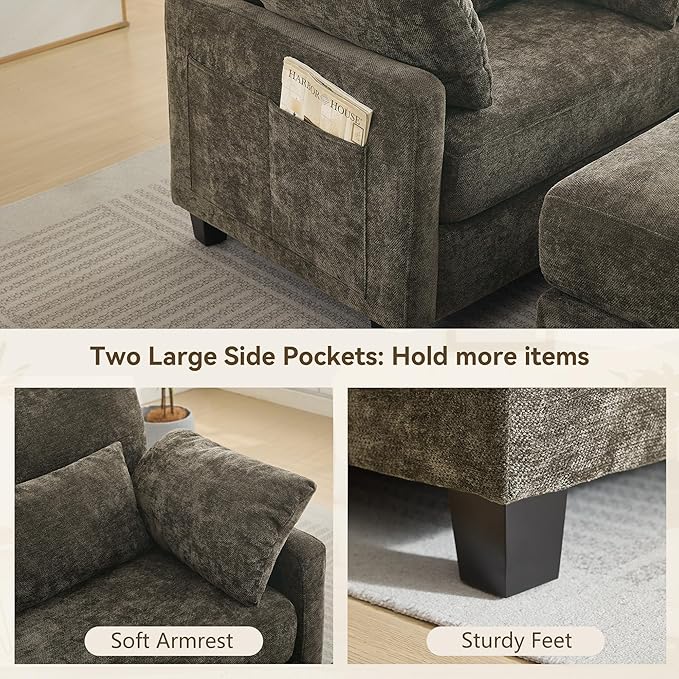 57.5 Oversized Chaise Lounge with Ottoman Indoor Brown Reading Chair with Ottoman &amp Sofa Bed Chenille Upholstered Comfy Sleeper Chair for Living Room Bedroom Office