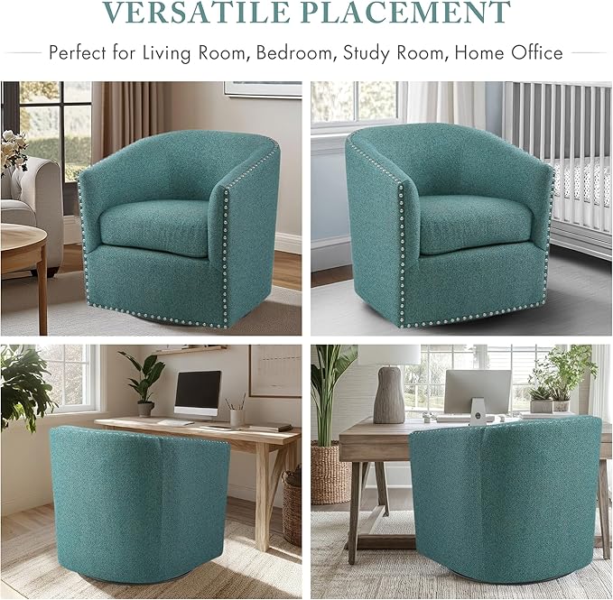 Madison Park Swivel Barrel Accent Chair Upholstered Curved Back with 7-Inch Thick Woven Cushion 360° Swivel Nailhead Trim Comfy Chair for Living Room Bedroom Office 28 Wide Teal Tyler