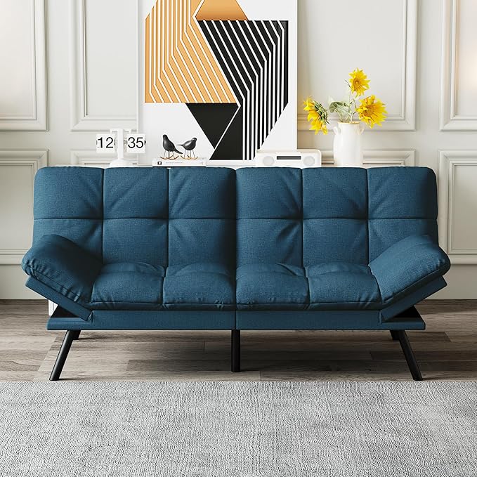 Futon Sofa Bed Convertible Couch Blue Linen Sofa Bed with Memory Foam Adjustable Backrest &amp Armrests Multifunctional Small Loveseat Sleeper Sofa for Living Room Apartment Office