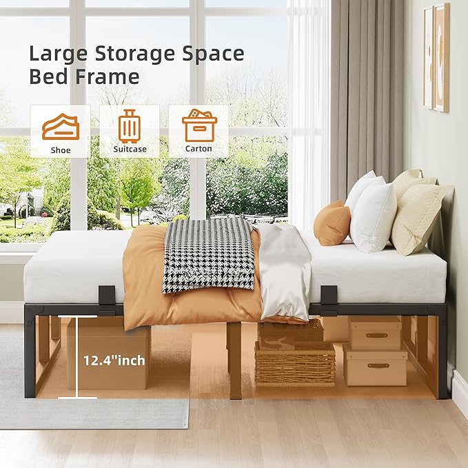 Queen Bed Frame 14 Inch Metal Platform Bed Frames with Squeak Free U-Slot Design 6 Non-Slip Guards 3500lbs Heavy Duty Steel Slat Support No Box Spring Needed Under Bed Storage Black