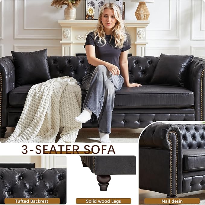 KEIKI Chesterfield Sofa Retro Style Upholstered 3+3 Seats Tech Fabric Couch with Rolled Arm for Living Room Bedroom Office Black