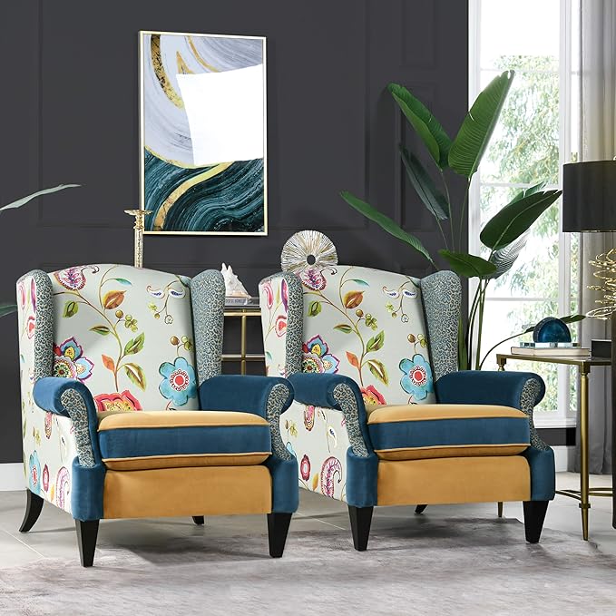 Jennifer Taylor Home Ayla Boho Chic Wingback Accent Arm Chair Floral &amp Leopard Blue-Teal &amp Yellow-Gold Velvet