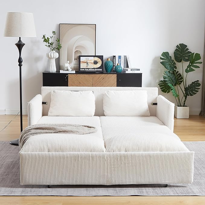 Eafurn 3 in 1 Convertible Pull Out Sleeper Sofa Couch Bed Queen Size Corduroy Pullout Lounge Loveseat RV Sofa&ampCouches Sofabed with Soft Pillows ArmrestSide Pockers for Living Room Apartment