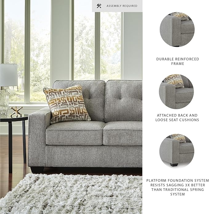 Signature Design by Ashley Fanciful Classic Sofa Sleeper with Tufted Cushion Removable Cushion and Bi-Fold Memory Foam Mattress Queen Light Gray