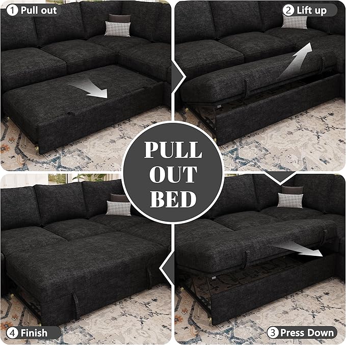 85 Inch Modular Sectional Sofa with Pull Out Bed L Shaped 5 Seat Sectional Sleeper Sofa with Storage Sectional Couches for Living Room Cloud Modular CouchRemovable Sofa Cover Black