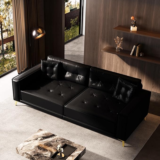 KEIKI 92.1 King Size Pull Out Sofa Bed 3-in-1 Faux Leather Convertible Sleeper Clouch with 2 Pillows 4-Seater Sofa Bed for Living Room Apartment Office Black
