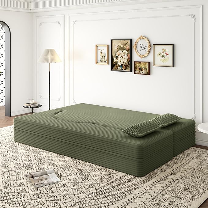 78 Folding Floor Sofa Bed Queen Full Size Folding Mattress Boneless Couch for Living Room 15 Seat Height Convertible Teddy Fabric Foam-Filled Loveseat Sleeper Sofa Bed