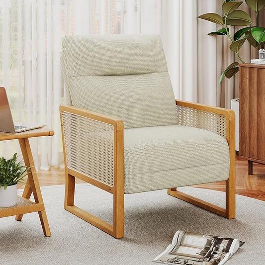 Upholstered Rattan Accent Chair Modern Linen Armchair with Ash Wood Legs Comfy Arm Chair for Living Room Bedroom Beige