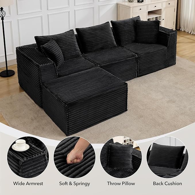107 Modular Sectional SofaModern Cloud Sectional Couch with Deep Seat L-Shape Boneless Couch with Chaise for Living Room Apartments Bedroom No Assembly Required (3 Seater + 1 Ottoman)Black