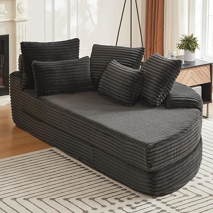 78.5 Oversized Round Chaise LoungeModular Convertible 2-in-1 Sofa Bed Upholstered CorduroyBoneless Plush Couches with PillowNo Assembly RequiredRAFBlack