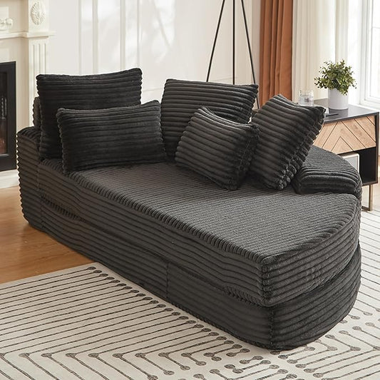 78.5 Oversized Round Chaise LoungeModular Convertible 2-in-1 Sofa Bed Upholstered CorduroyBoneless Plush Couches with PillowNo Assembly RequiredRAFBlack