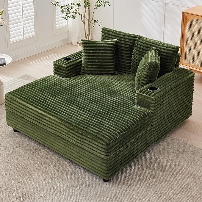 IDEALHOUSE 60 Oversized Chaise Lounge Chair Indoor Comfy Corduroy Lounge Sofa with Charging Station Upholstered Sofa Bed for Living Room Movie Room with Storage Pockets &amp 2 Cup Holders (Green)