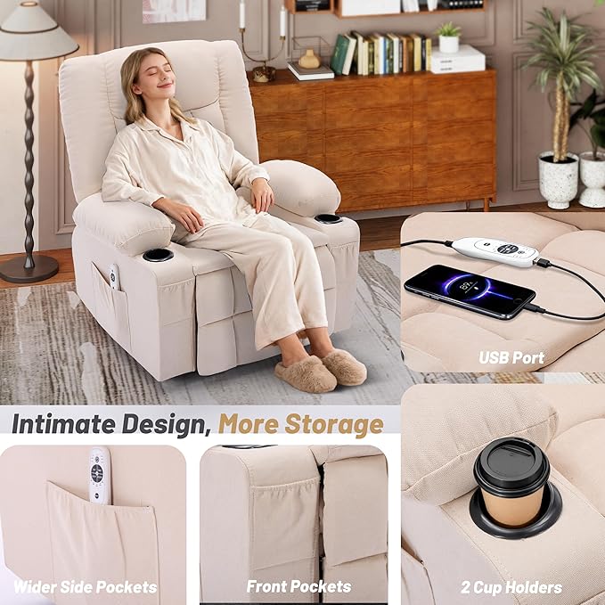 Rocker Recliner Chair with Massage and Heat Nursery Rocking Chairs for Living Room Ergonomic Comfy Relining Chair with Cup Holders USB Charge Port Side Pockets Recliner Chair for Adults Beige