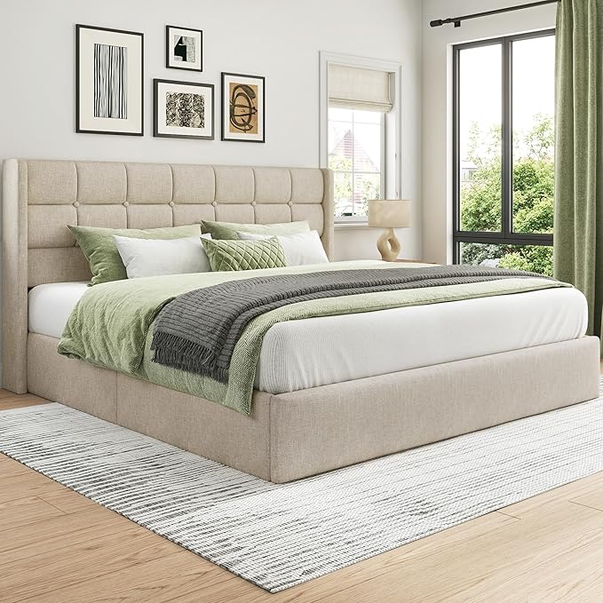 Lifezone King Size Lift Up Storage Bed Frame Linen Upholstered King Platform with Button Tufted Wingback Headboard and Under-Bed Storage Hydraulic Support No Box Spring Needed Noise Free Beige