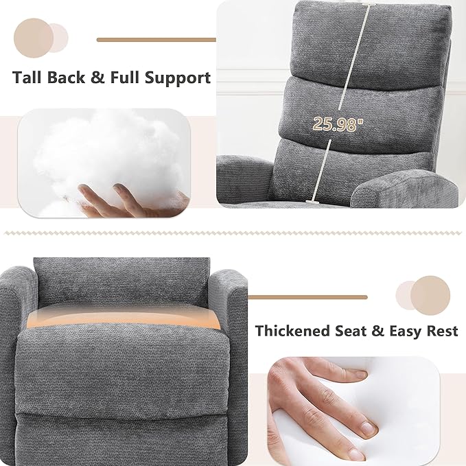 cinkehome Small Swivel Rocker Recliner Chair with Heated Massage Upholstered Nursery Glider Recliner Chair High Back Side Pocket (Grey Chenille Fabric)