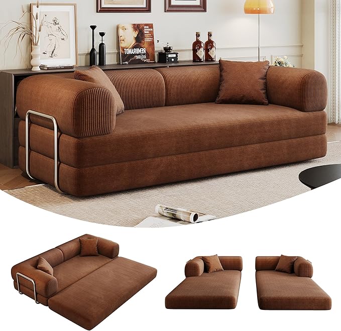 79 Convertible Sofa Bed with Fixed-Shape Frame Corduroy Folding Pull Out Couch No Assembly Modern Boneless Couch Compression Sofa in Box Floor Sofa for Living RoomBrown