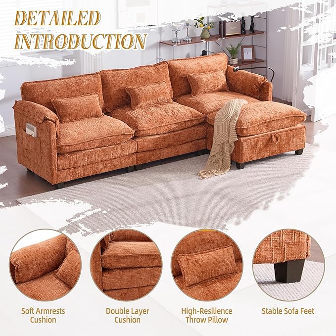 KEIKI 110 L-Shaped Boucle Modular Sectional Chenille Sofa with Ottoman &amp Memory Foam Cushion &amp Phone Holder &amp USB Upholstered Modern Oversized 4-Seater Couch Easy Assembly for Living R