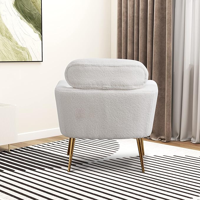 29.5 W Modern Boucle Accent Chair Armchair Upholstered Reading Chair Single Sofa Leisure Club Chair with Gold Metal Leg and Throw Pillow for Living Room Bedroom Dorm Room Office Ivory Boucle