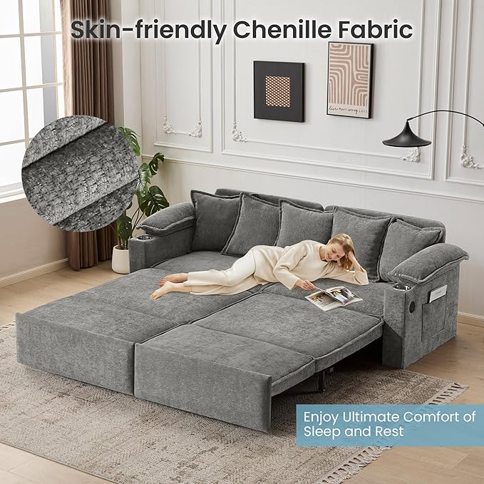 82.7’’ King Size Light Grey Pull Out Sofa Bed 3 in 1 Convertible Sleeper Sofa Bed with Futon Sofa  Chenille Loveseat Couch Bed with USB and Storage Pockets for Living RoomBedroom Pet-Friendly | Pu